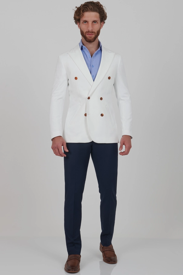 Blazer Transpassado Super Slim Fit em Malha Off White