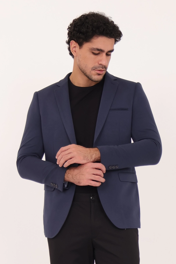 Blazer Masculino Super Slim Fit em Malha com Forro Listrado.