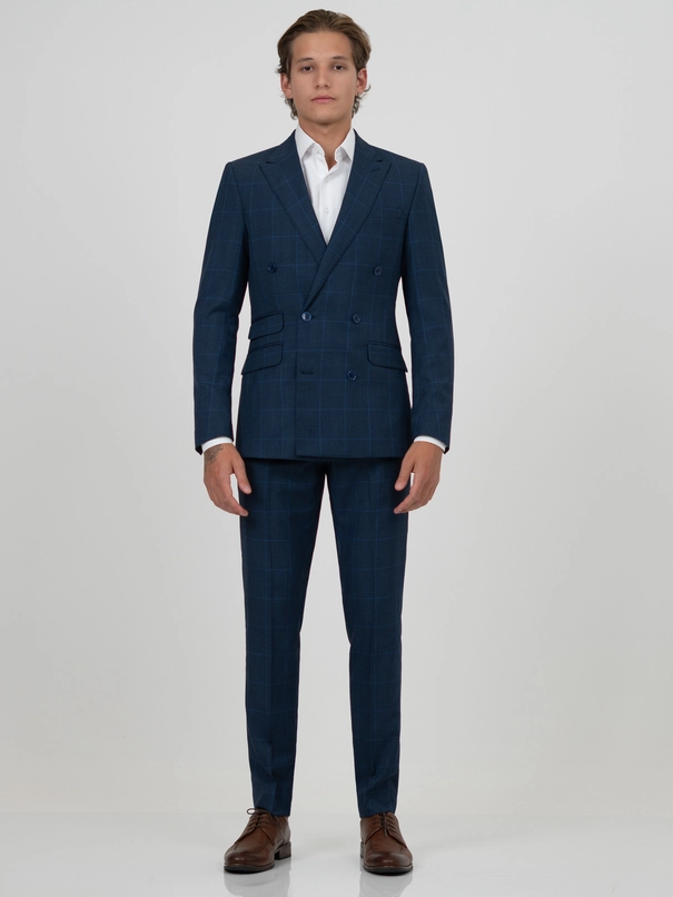 Terno Masculino Super Slim Fit Transpassado Azul com Calça Ajustável