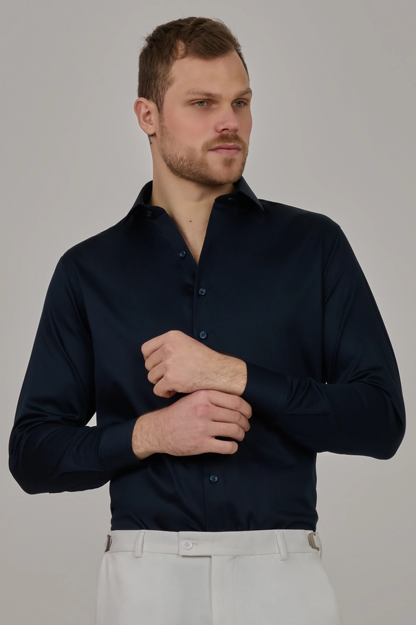 Camisa Slim Fit com Colarinho Italiano Fashion MARINHO NOITE