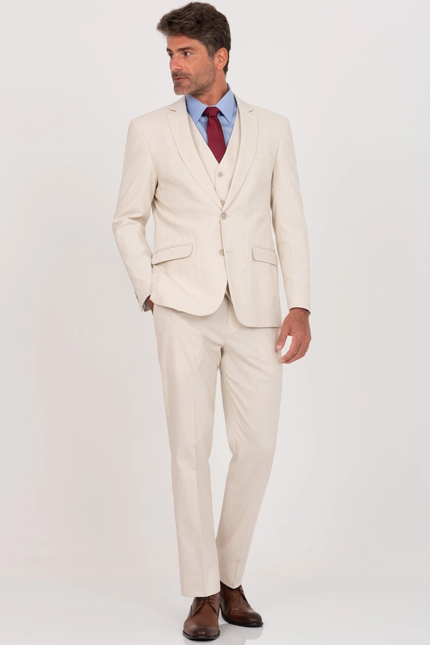 Terno Slim Fit com Colete e Calça com Ajuste em Blend de Linho NATURAL