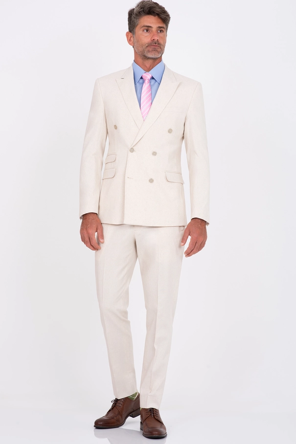 Terno Super Slim Fit Transpassado e Calça com Ajuste em Blend de Linho NATURAL