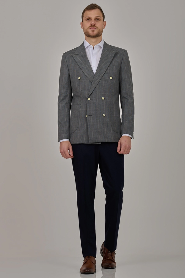Blazer Masculino Super Slim Fit Transpassado Xadrez em Blend de Lã CINZA FROST
