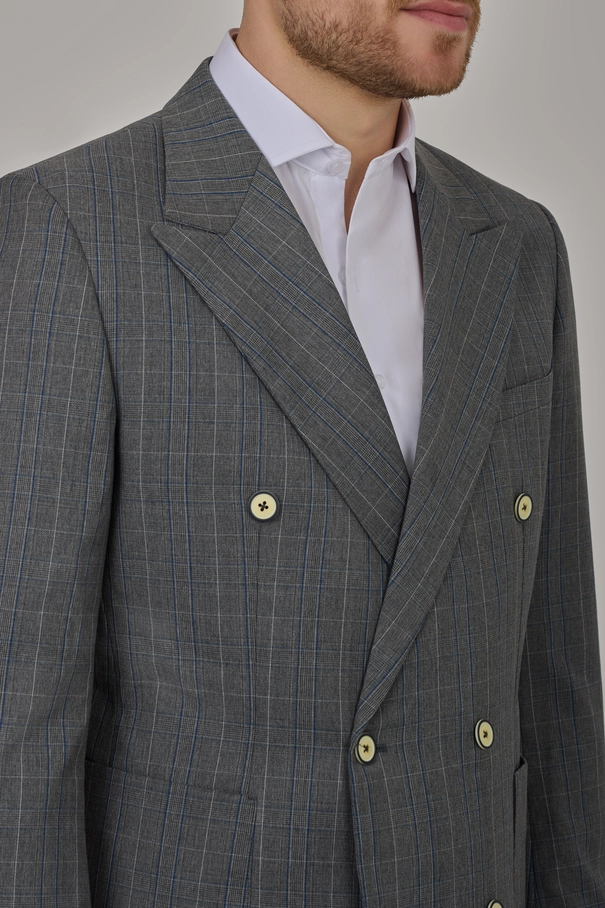 Blazer Masculino Super Slim Fit Transpassado Xadrez em Blend de Lã CINZA FROST