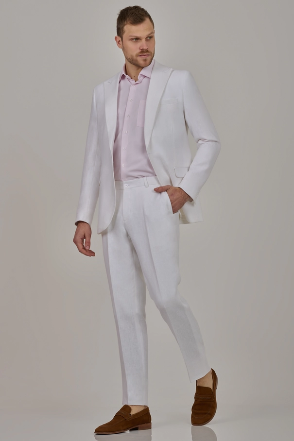 Terno Masculino Super Slim Fit em Linho com Peak Lapel e Calça com Ajuste BRANCO