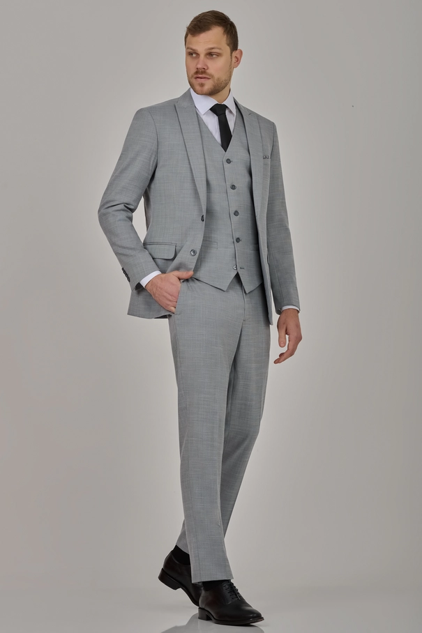 Terno Masculino Slim Fit com Peak Lapel, Colete e Calça com Ajuste CINZA FROST