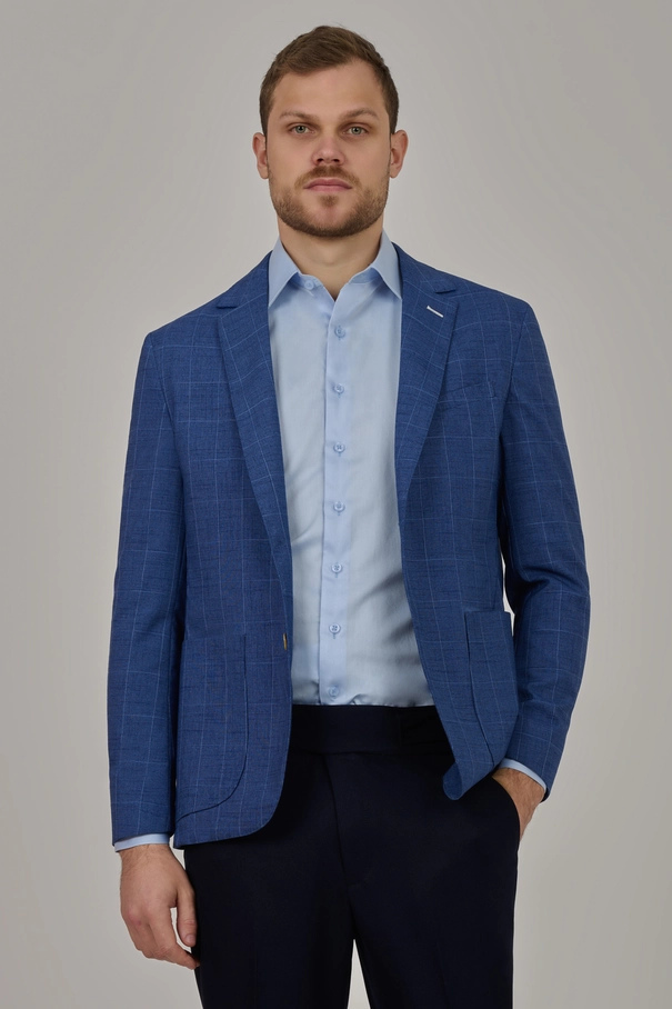 Blazer Masculino Xadrez Super Slim Fit com Bolso Plaquée e Meio Forro AZUL PLACID