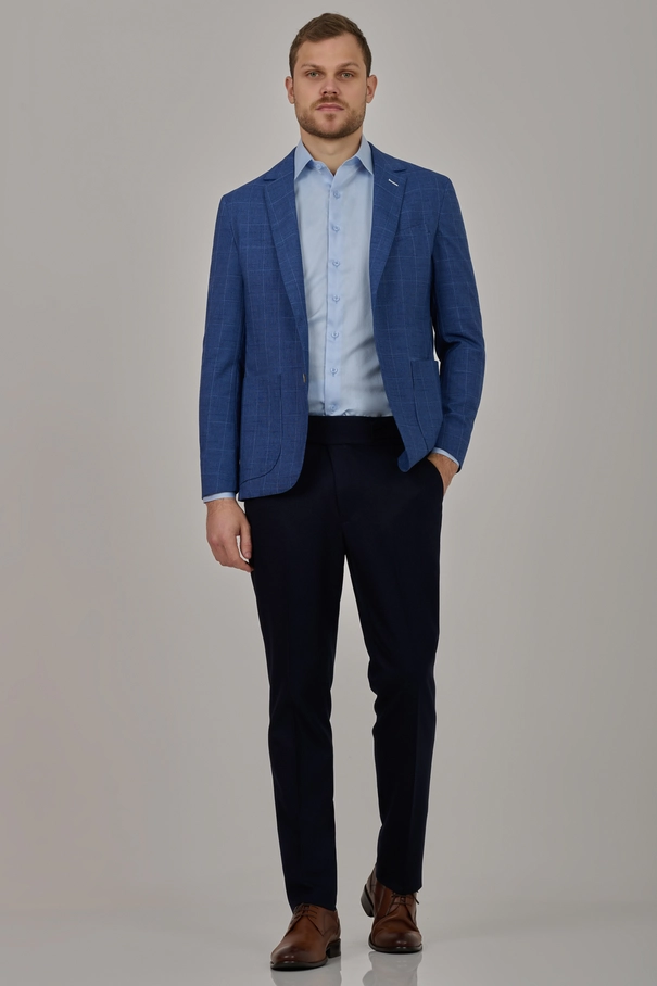 Blazer Masculino Xadrez Super Slim Fit com Bolso Plaquée e Meio Forro AZUL PLACID