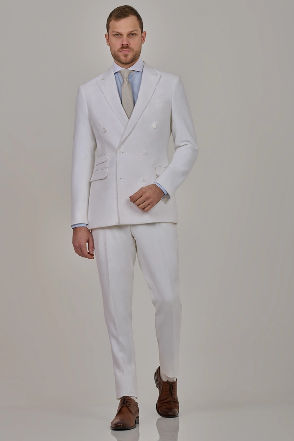 Terno Masculino Super Slim Fit Transpassado em Linho com Peak Lapel e Calça com Ajuste BRANCO