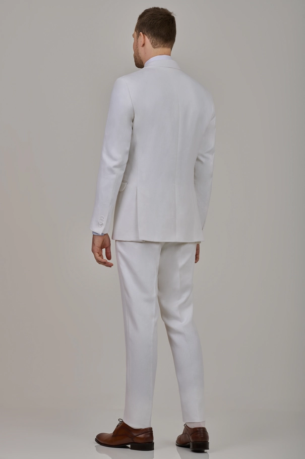 Terno Masculino Super Slim Fit Transpassado em Linho com Peak Lapel e Calça com Ajuste BRANCO