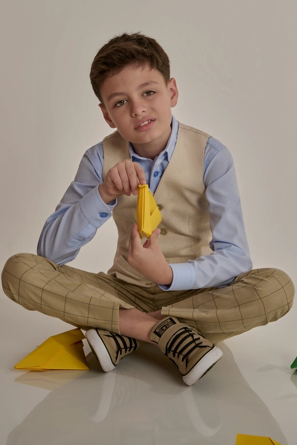 Calça Infantil Masculina Xadrez com Ajuste Elástico BEGE