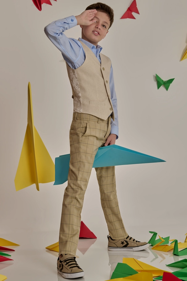 Calça Infantil Masculina Xadrez com Ajuste Elástico BEGE