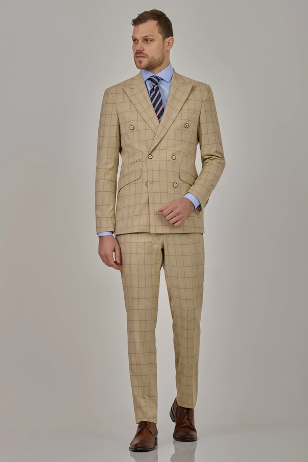 Terno Masculino Slim Fit Transpassado  Xadrez com Peak Lapel BEGE