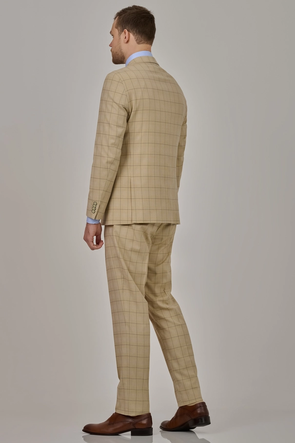 Terno Masculino Slim Fit Transpassado  Xadrez com Peak Lapel BEGE