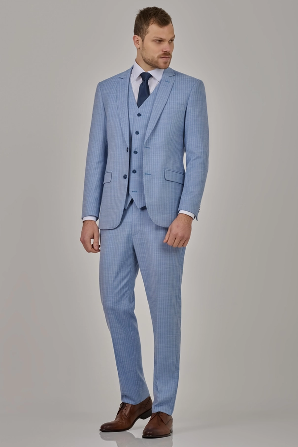 Terno Masculino Slim Fit com Colete e Calça com Ajuste Risca de Giz AZUL PLACID
