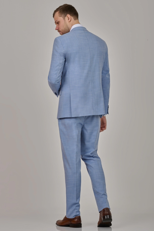 Terno Masculino Slim Fit com Colete e Calça com Ajuste Risca de Giz AZUL PLACID