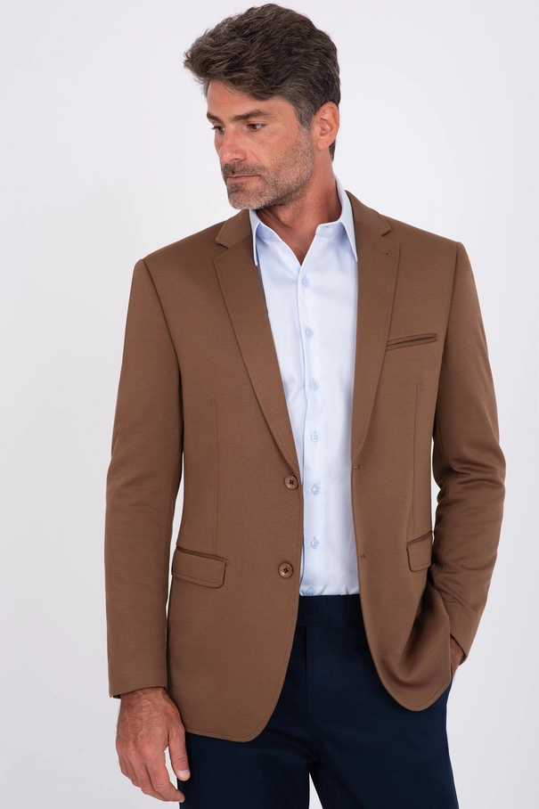 Blazer Masculino Super Slim Fit em Malha com Forro Listrado. VERDE JASPER
